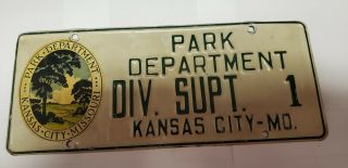 Vintage Kansas City Park Department Div.  Supt.  1 License Plate Kansas City,  Mo