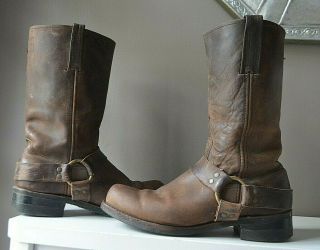 Vtg Frye Brown Leather Motorcycle Biker Square Toe Harness Ankle Boots