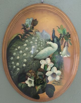 Vintage Oval Hand Painted Peacock Scene 15.  5 " X18.  5 " Wall Art Unique