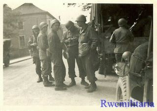 Good View Us Soldiers On Captured German Street By Back Of Stopped Truck