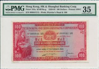 Hong Kong Bank Hong Kong $100 1962 S/no 0888xx,  Rare Date Pmg 35