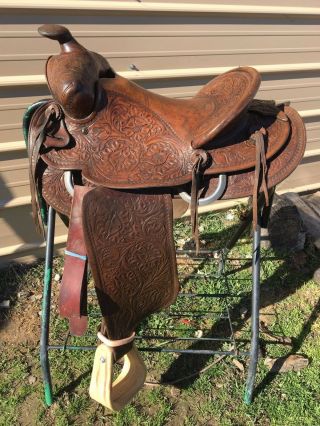 Used/vintage 14.  5 " Hard Seat Western Saddle W/tooled Leather