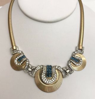 Gorgeous Vintage Boucher 3397 Gold Tone Sapphire Blue Clear Rhinestone Necklace