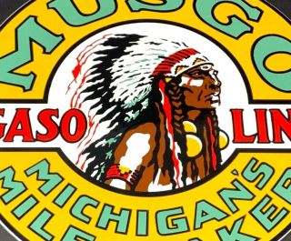 Vintage Musgo Gasoline Porcelain Metal Sign 11 3/4 Michigans Mile Maker Gas Oil