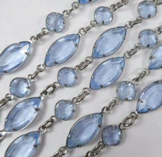 Vintage 36 " Long Pale Blue Glass Bezel Set Crystal Necklace Round & Navette