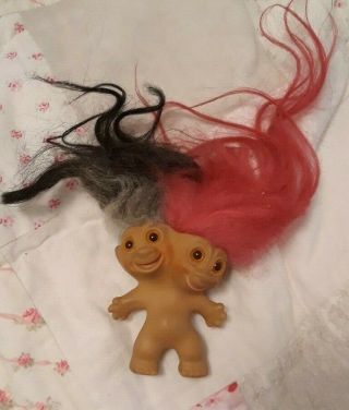 Vintage 1966 Uneeda 3 " Two Headed Troll Doll Pink And Gray/black Hair
