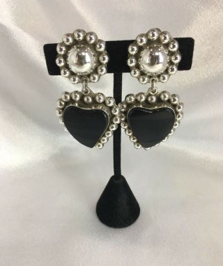 Vintage Sterling Silver And Onyx Beaded Heart Clip - On Earrings