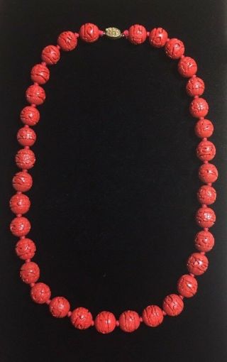 Vintage Red Cinnabar Carved Chinese Necklace Knotted Beads Silver Clasp 25”