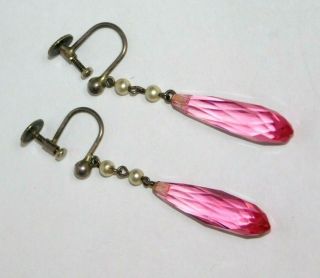 Rare Antique,  Edwardian Art Deco Long Faceted Pink Glass Drop Silver Earrings
