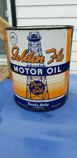 Vintage Advertising Handy Andy Store Golden Flow Motor Oil Can 2 Gallons Gas