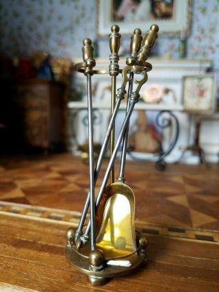Antique Vintage Dollhouse Miniature Artisan Brass Fireplace Tools W Stand 1:12