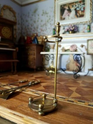 Antique Vintage Dollhouse Miniature Artisan Brass Fireplace Tools w Stand 1:12 8