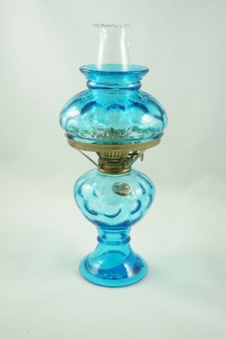 Vintage 60s 70s Price Oil Lamp W/ Small Chimney Blue Glass Rare W/ Sticker