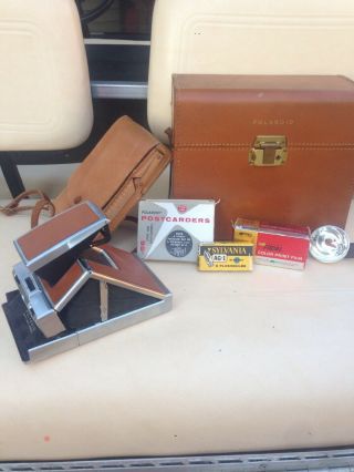 Vintage Polaroid Sx - 70 Land Camera Chrome & Brown Leather.  With Case And Bag.