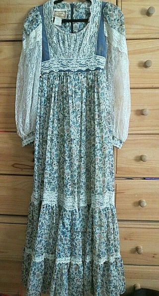 Vintage Gunne Sax By Jessica Mcclintock Boho Prairie Maxi Dress Sz 5 Blue Floral