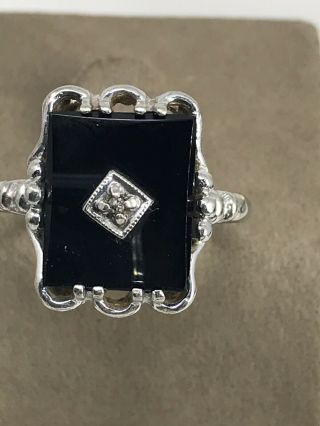 Vintage Black Onyx And Diamond Ring In 10k White Gold,  Size 7.  5.  - 3.  8 Grams