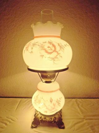 Gone With The Wind Vintage 3 - Way Cased Glass Rose Floral Display Hurricane Lamp