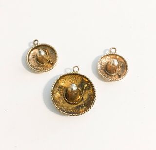 Vintage - 14k Gold - Mexican Sombrero - Charm Necklace Pendant - Set Of 3