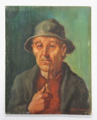 Antique Vintage Old Portrait Oil Painting Man Smoking Pipe Signed Hat