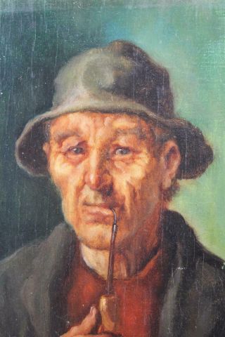 ANTIQUE VINTAGE OLD PORTRAIT OIL PAINTING MAN SMOKING PIPE SIGNED HAT 2