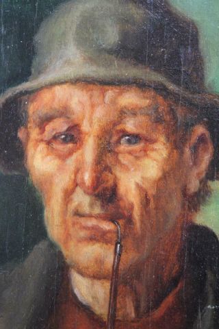 ANTIQUE VINTAGE OLD PORTRAIT OIL PAINTING MAN SMOKING PIPE SIGNED HAT 3