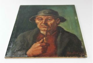 ANTIQUE VINTAGE OLD PORTRAIT OIL PAINTING MAN SMOKING PIPE SIGNED HAT 6