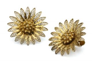 Antique 20s Gold Flowers Filigree Earrings,  Sterling Silver Floral Stud Earrings