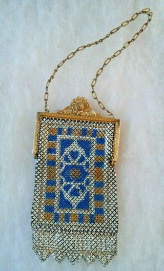 Vtg.  Mandalian Mesh Purse - Marked - Rug Pattern - Blue,  Gold & White