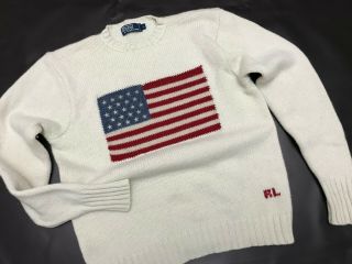 Rare Vtg 90s Polo Ralph Lauren American Usa Flag Lambswool Knit Sweater - L -
