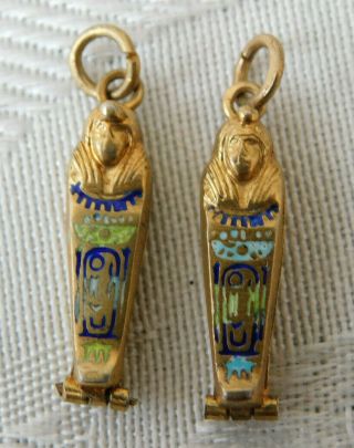 2 Vintage Egyptian Revival Sarcophagus,  Mummy Silver Enamel Charm Fob