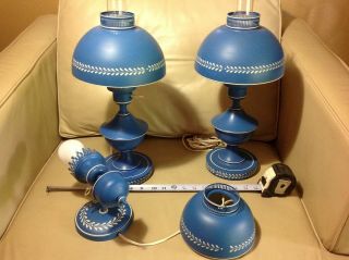 Pair Blue Vintage Mid Century Tole Ware Metal Table Lamps,  Matching Wall Sconce