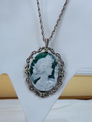 Vtg " 925 " - Green Jade Carved Lady Cameo/ Sterling Silver Pendant Necklace