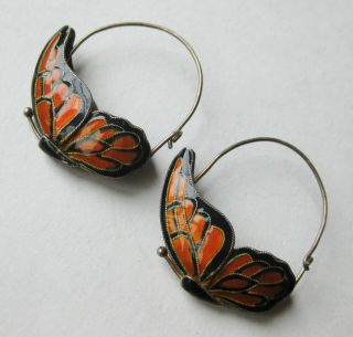 Vtg Chinese Sterling Silver Cloisonne Enamel Monarch Butterfly Hoop Earrings