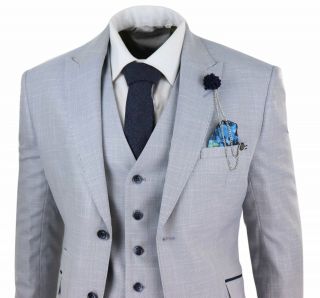 Mens Light Blue Grey 3 Piece Tailored Fit Suit Vintage Wedding Classic Light