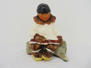 Vintage 1960 C.  Alan Johnson Eskimo Boy On Log Ceramic 5 " Figurine