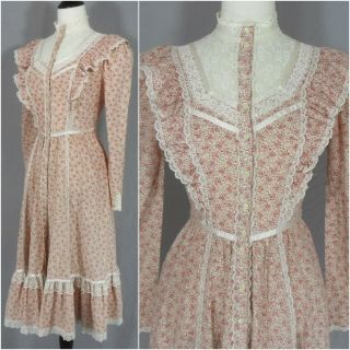 Vtg 70s Gunne Sax Pink Rose Floral Lace Button Down Prairie Boho Pocket Dress Xs