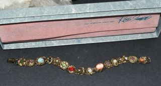 Vtg Slide Bead Antique Gold Finish Rhinestone Cameo Victorian Revival Bracelet