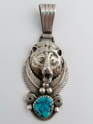 Vintage Sterling Silver Two Faces Bear Totem Navajo Pendant W/kingman Turquoise