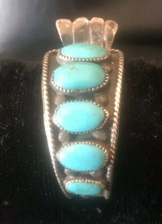 Navajo Vintage Silver Watch Band Cuff Bracelet W Large Turquoise Stone