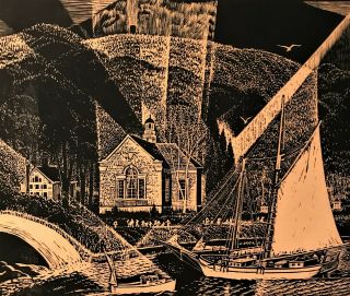 Carrol Thayer Berry Wood Engraving The Library - Camden - Maine Coast