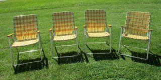 4 Vintage Matching Aluminum Folding Webbed Lawn Wood Arm Chairs Yellow/orange