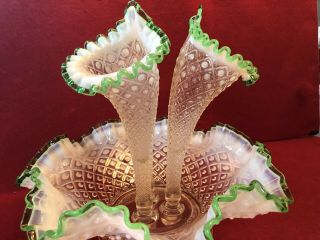 Vintage Fenton Opalescent & Green Diamond Lace 3 Horn Epergne Perfect Stunning,