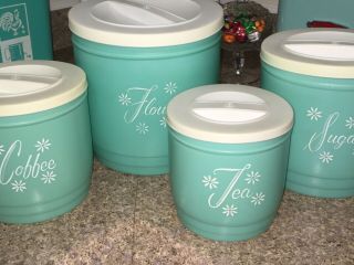 Aqua Turquoise And Cream Vintage Kitchen Canister Set Of 4 With Lids