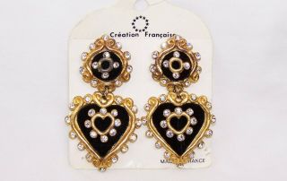 Vintage Jacky De G Designer Earrings 3 " Velvet & Rhinestone Hearts Runway Dangle
