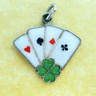 Vintage German Silver Enamel Charm Lucky Gambling Playing Cards Four Leaf Clover