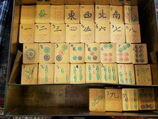Vintage Antique Mahjong Mah Jongg Bone And Bamboo Set Metal Tin Case 144 Tiles