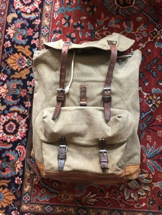 Vtg 50s 60s Swiss Army Military Rucksack Backpack Leather Salt & Pepper Canvas