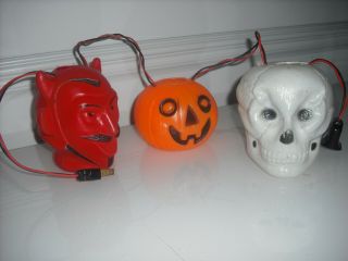 Vtg Halloween Blow Mold Light Up Skull Devil Pumpkin String Lights Vintage
