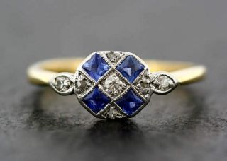 Antique Art Deco Blue Sapphire & White Diamond Vintage Engagement & Wedding Ring