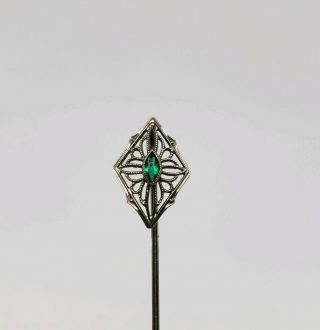 Antique Art Deco 10k White Gold 417 Emerald Filigree Stick Lapel Pin